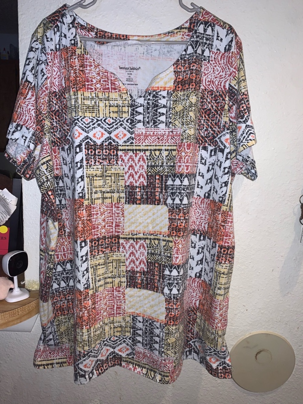 Woman Within Patchwork Print Short Sleeve Top - White, Orange, Yellow, Black